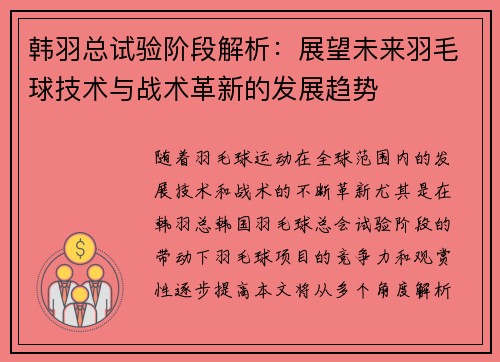 韩羽总试验阶段解析：展望未来羽毛球技术与战术革新的发展趋势