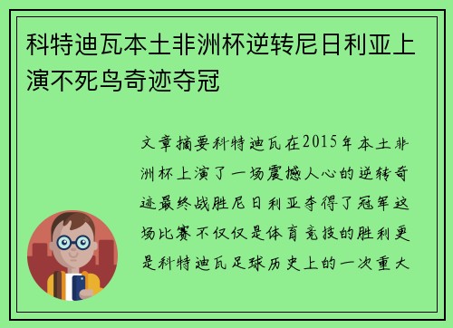 科特迪瓦本土非洲杯逆转尼日利亚上演不死鸟奇迹夺冠 科特迪瓦本土非洲杯逆转尼日利亚上演不死鸟奇迹夺冠