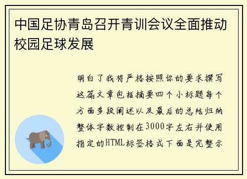 中国足协青岛召开青训会议全面推动校园足球发展